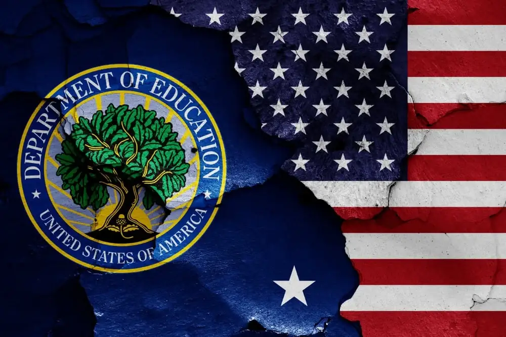 U.S. Department of Education seal blended with the American flag, symbolizing federal restructuring of education grant programs.