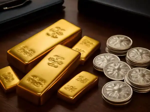 Gold bars and silver coins reflect heavy selling pressure and sharp volatility in precious metals markets