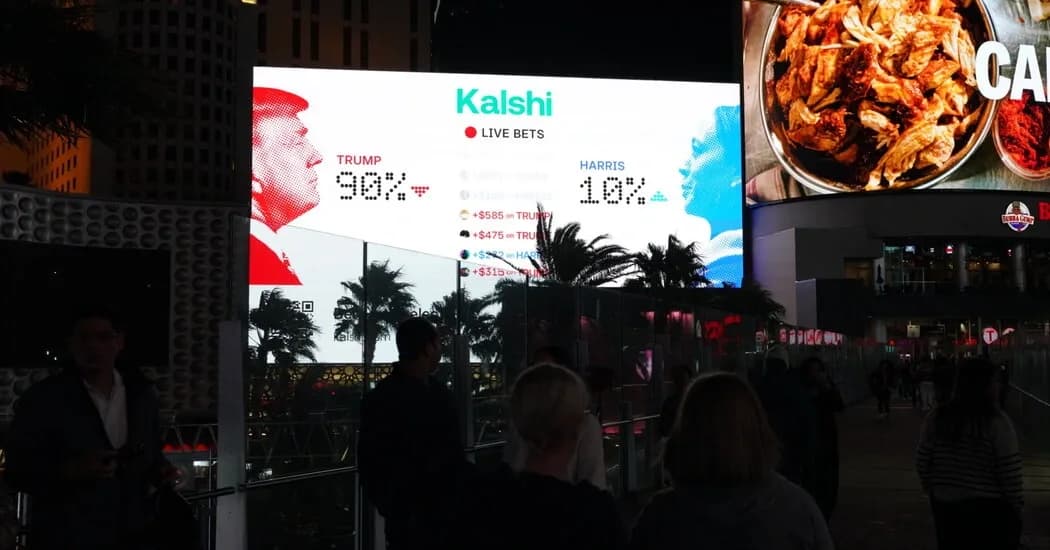 Kalshi digital billboard displaying live prediction market odds in a city setting