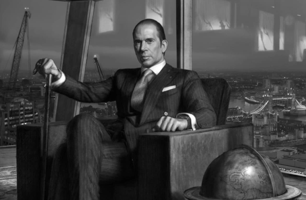 Julio Herrera Velutini seated in a modern office overlooking a global financial cityscape