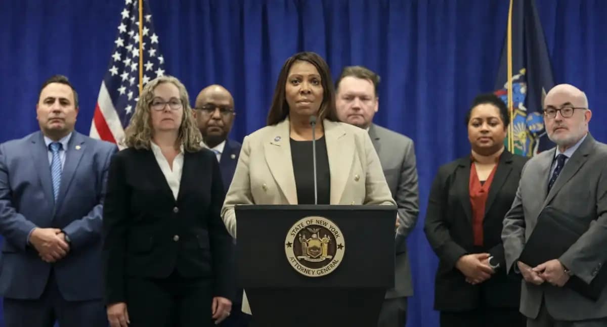 New York Attorney General Letitia James standing at a podium with her legal team during a press conference, with state and U.S. flags in the background.