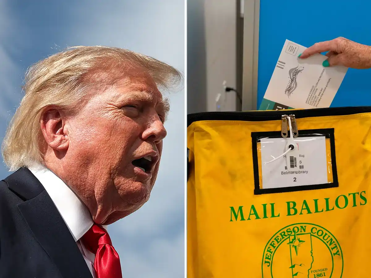 Donald Trump and mail ballot box highlighting the Supreme Court mail voting restrictions case