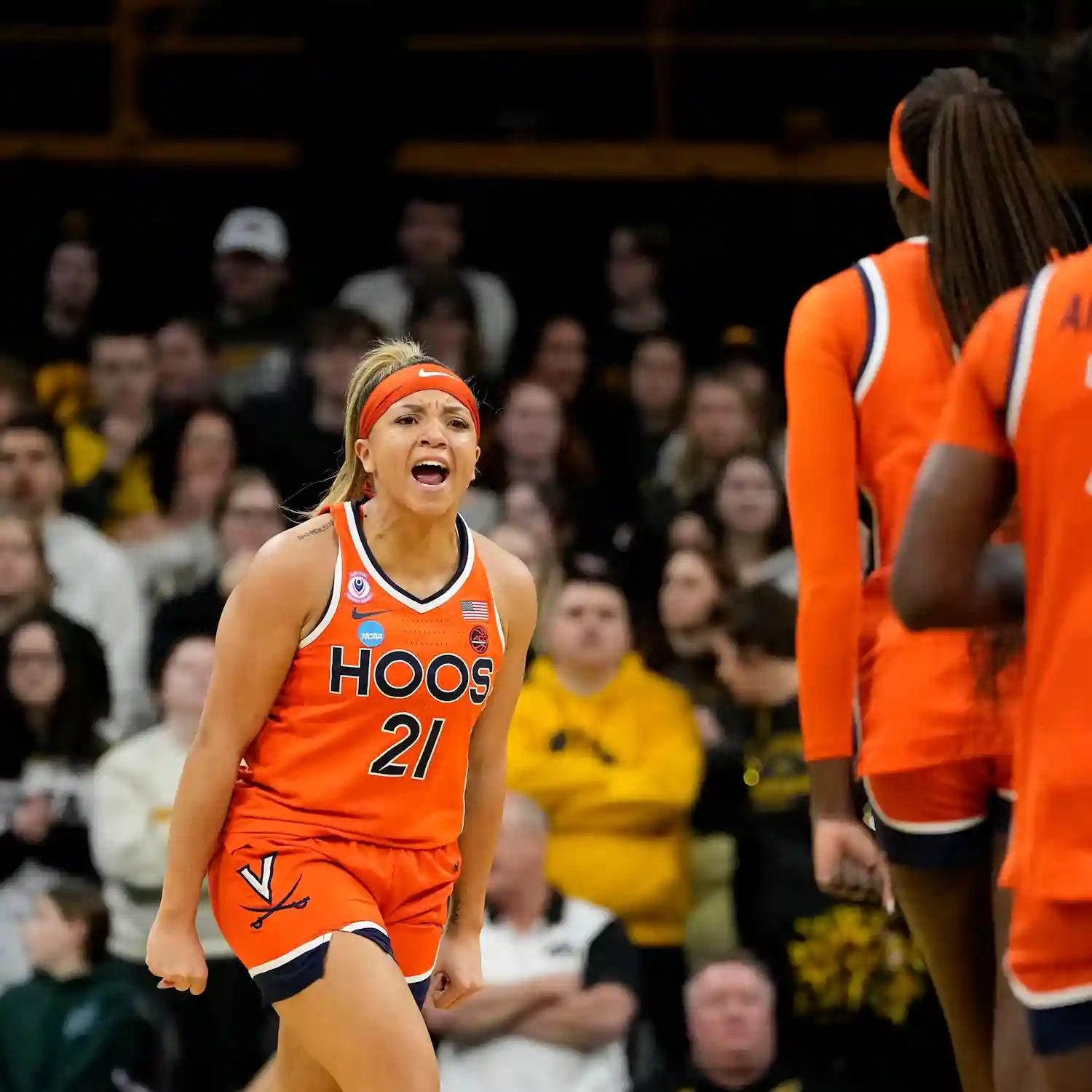 Kymora Johnson reacts intensely during overtime as Virginia battles Iowa in NCAA Women’s Tournament Sweet 16 upset game