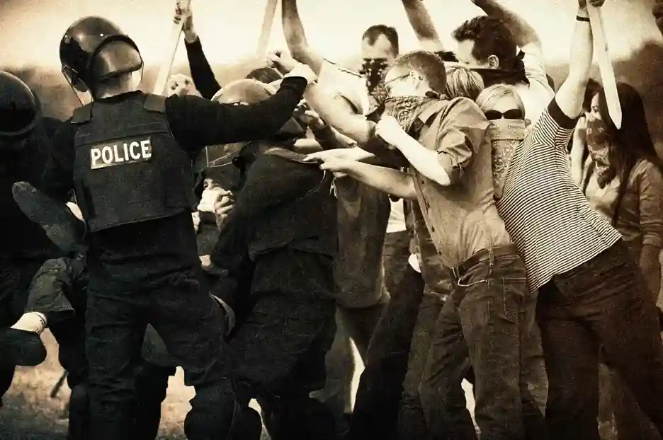 Police clash with protesters during a political demonstration in the United States