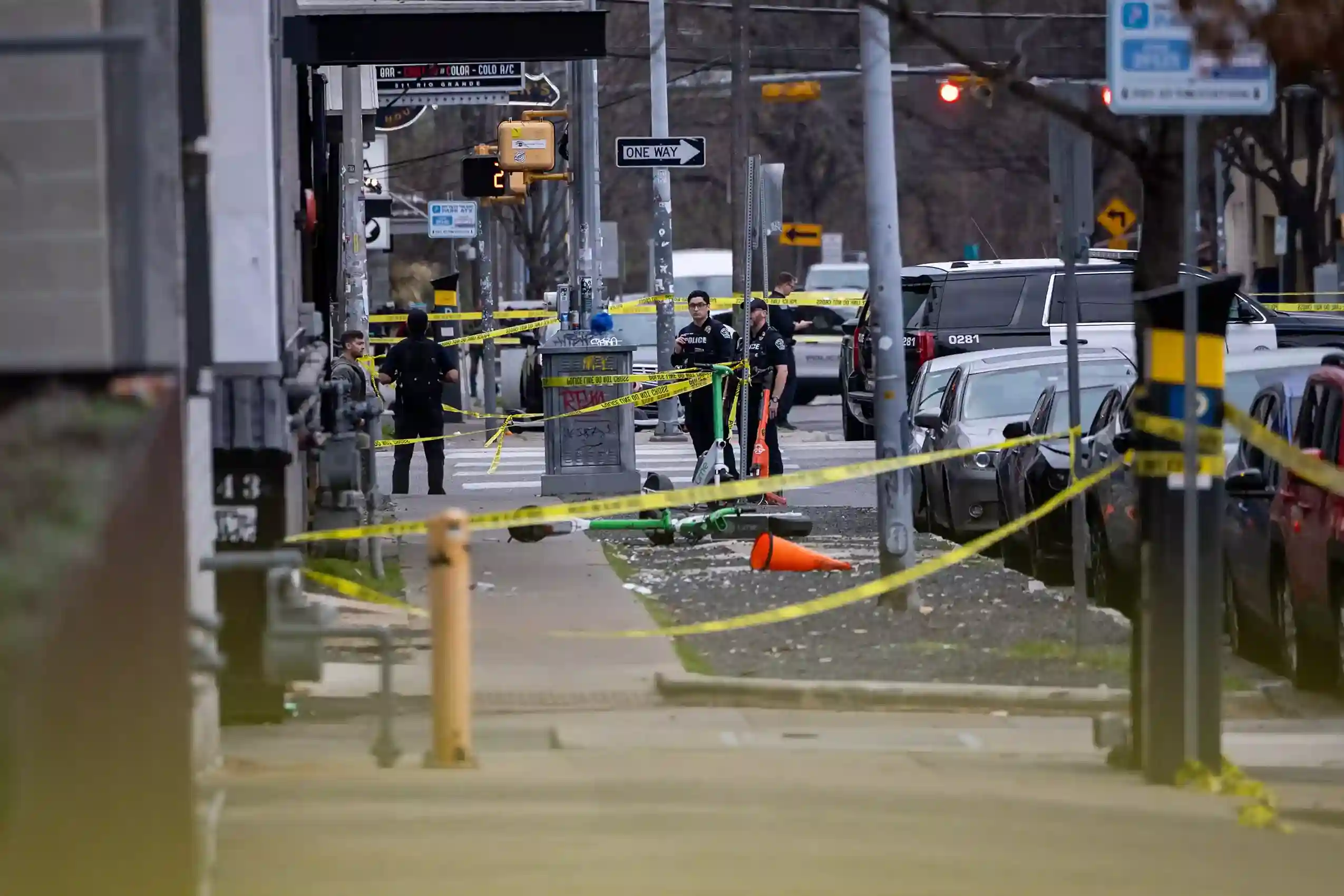 Emergency responders and police at the scene of the Sixth Street shooting in Austin, Texas.