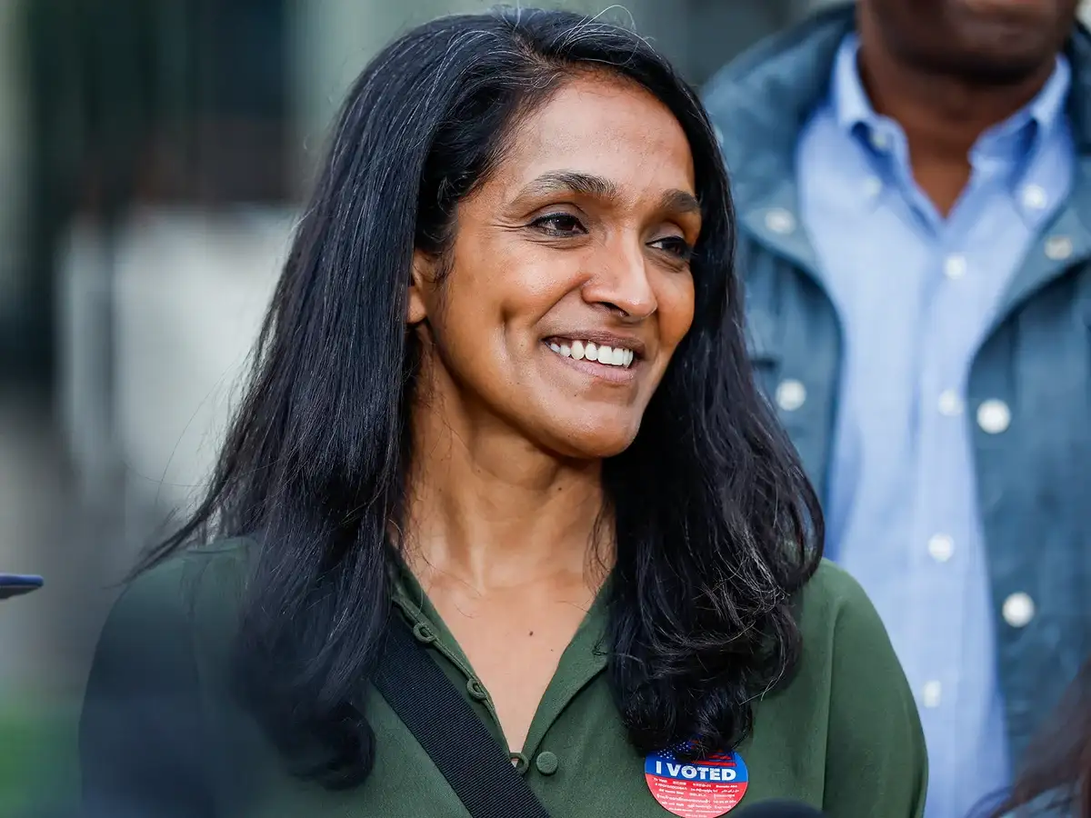 Nithya Raman speaks to reporters during the Los Angeles mayoral primary election as vote counting continues across the city.