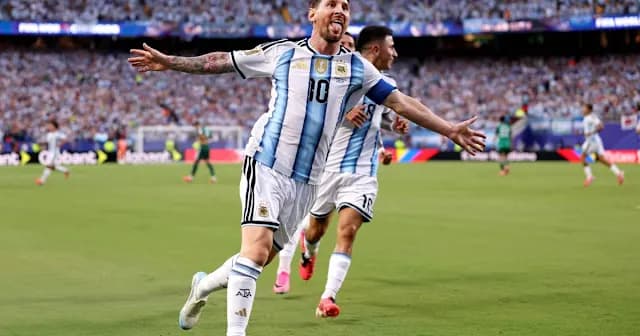 Lionel Messi celebrates after scoring a hat trick in Argentina's World Cup 2026 win over Algeria.